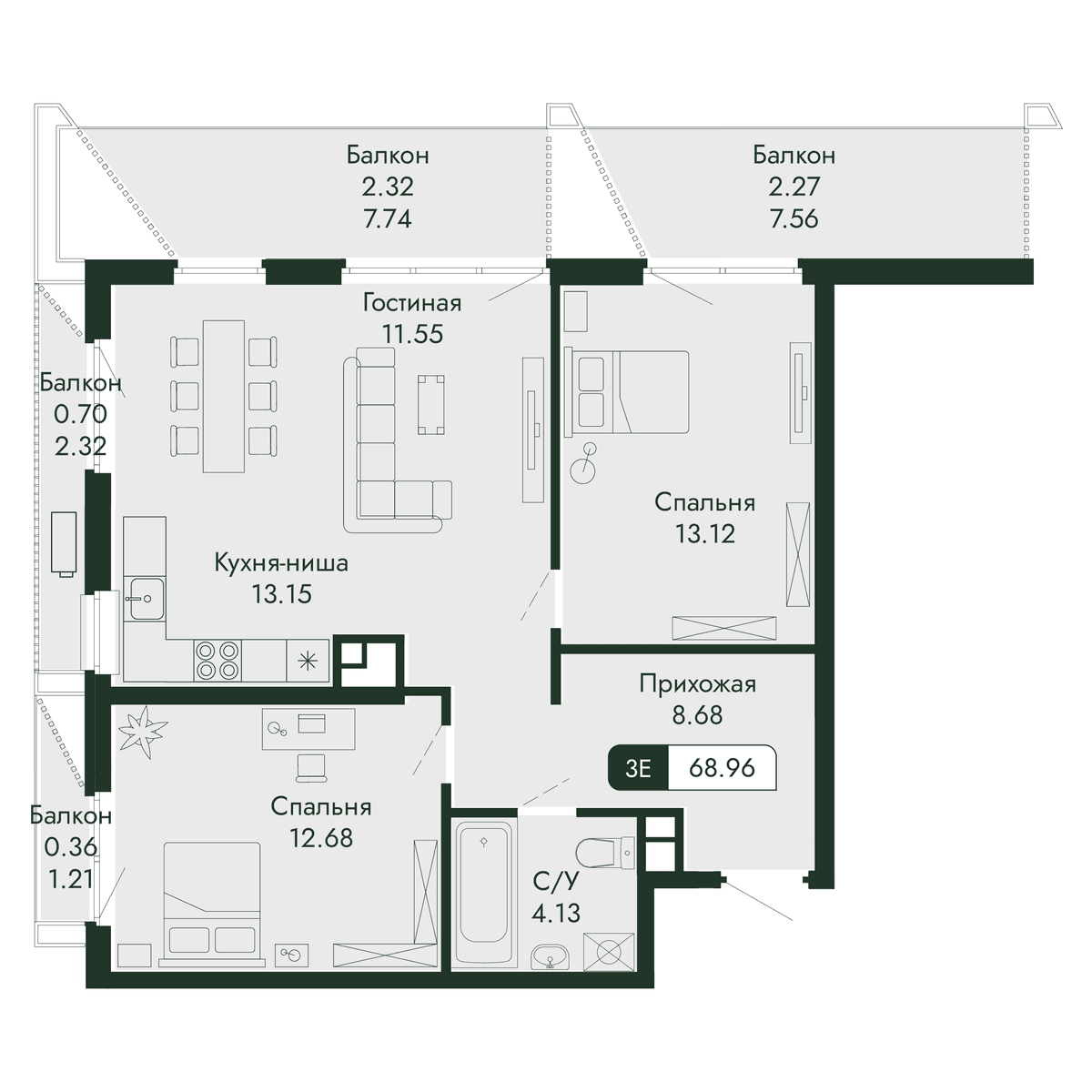 3-к, 68.96 м² · Парковая Резиденция