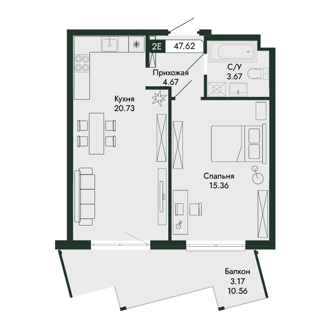 2-к, 47.62 м² · Парковая Резиденция