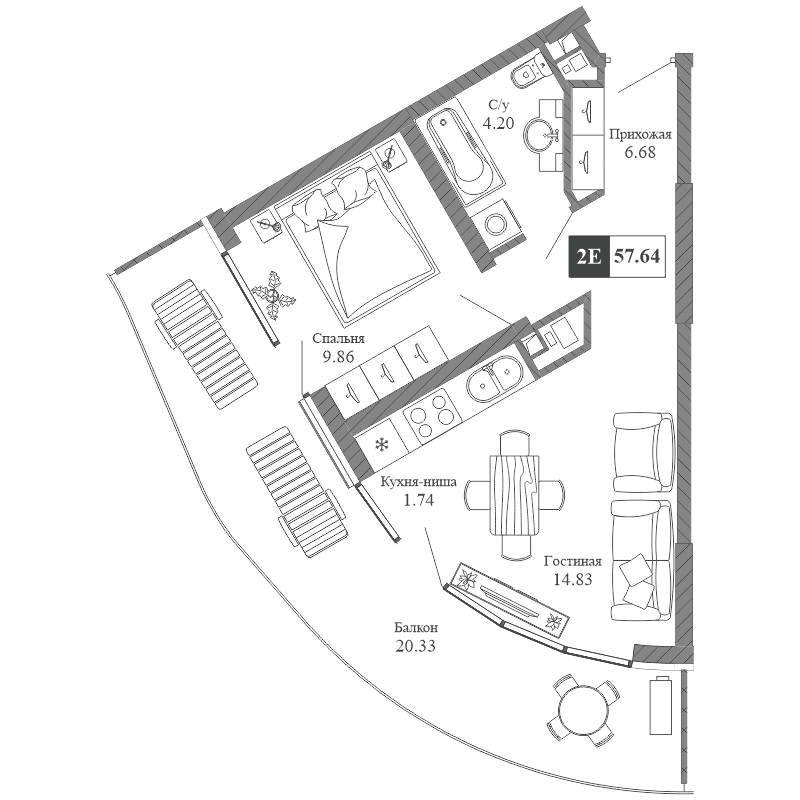 2-к, 57.64 м² · Крымская Резиденция