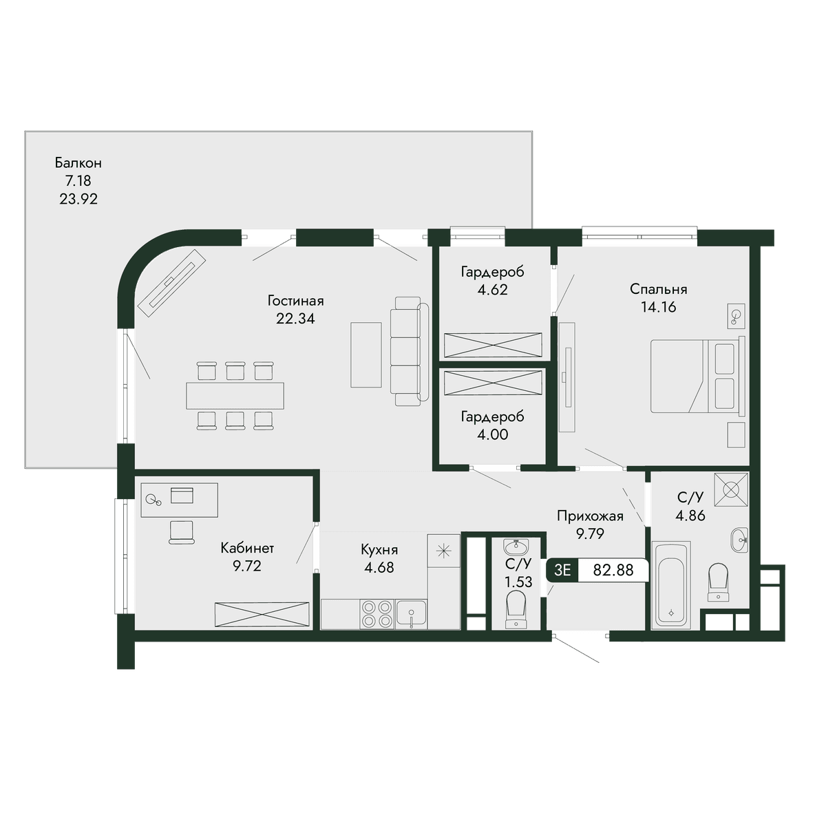 3-к, 82.88 м² · Парковая Резиденция