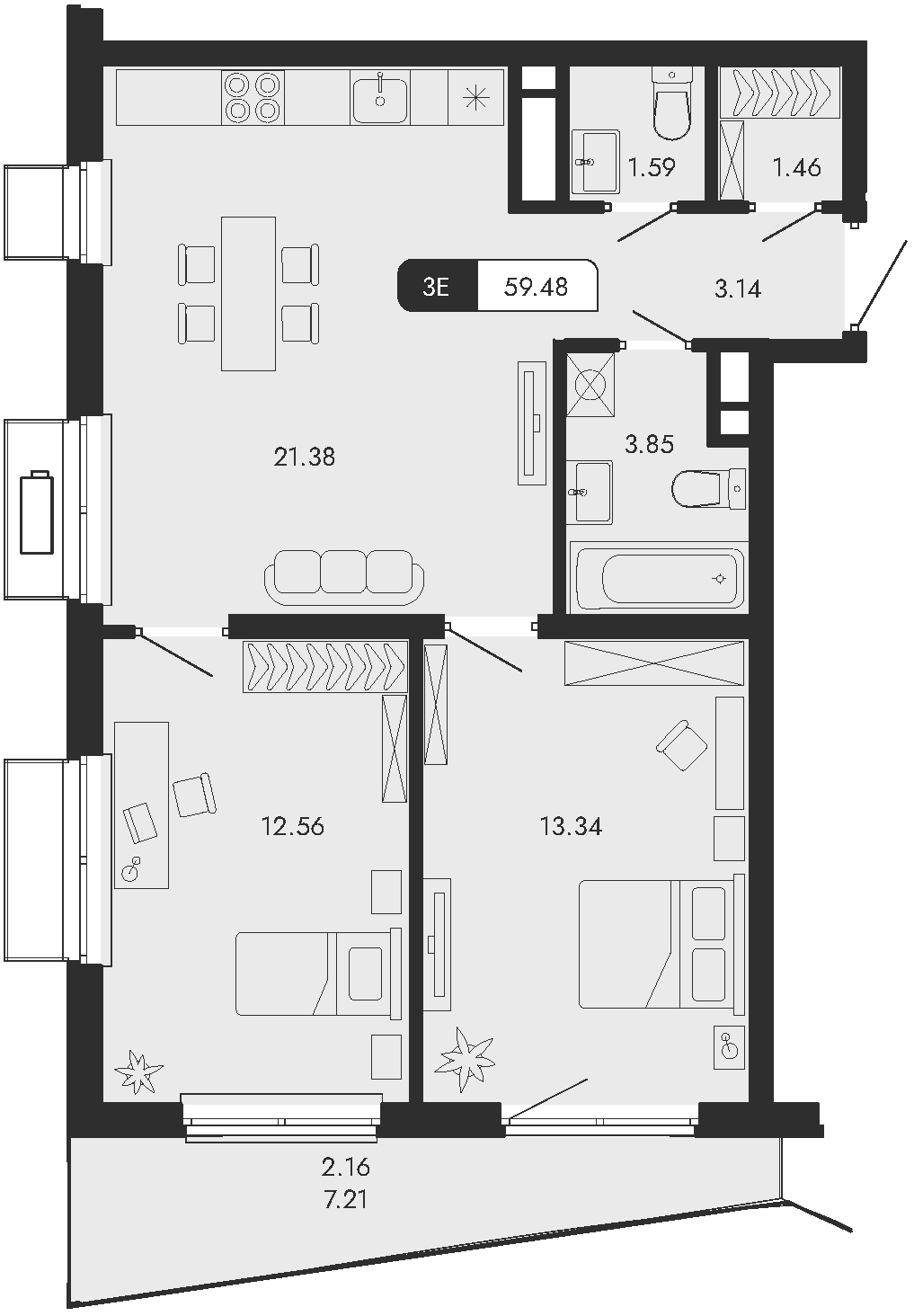 3-к, 59.48 м² · Парковая Резиденция