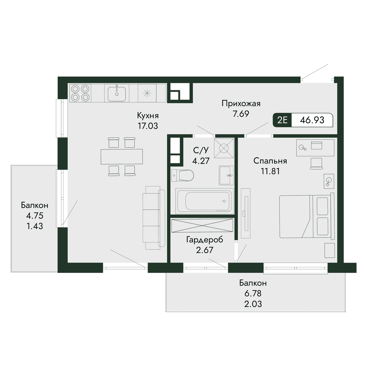 2-к, 46.93 м² · Парковая Резиденция