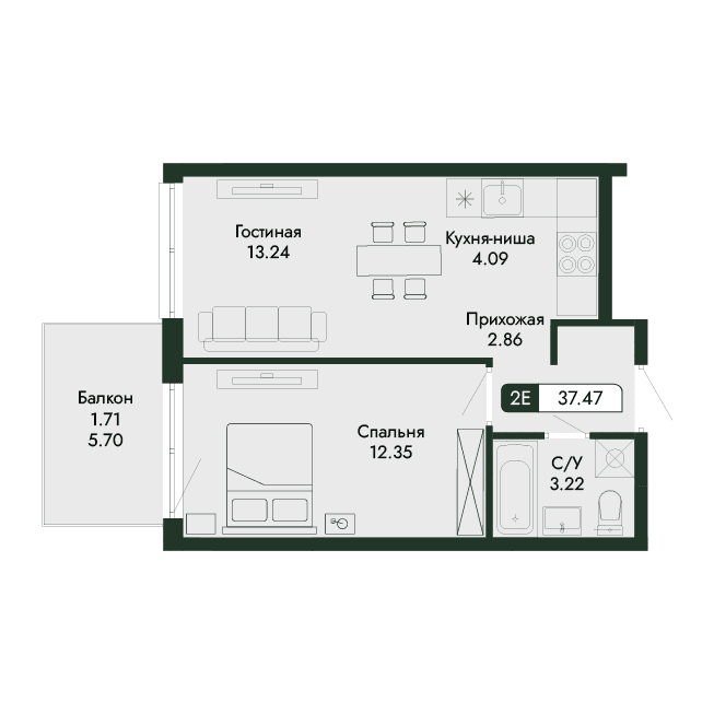 2-к, 37.47 м² · Парковая Резиденция