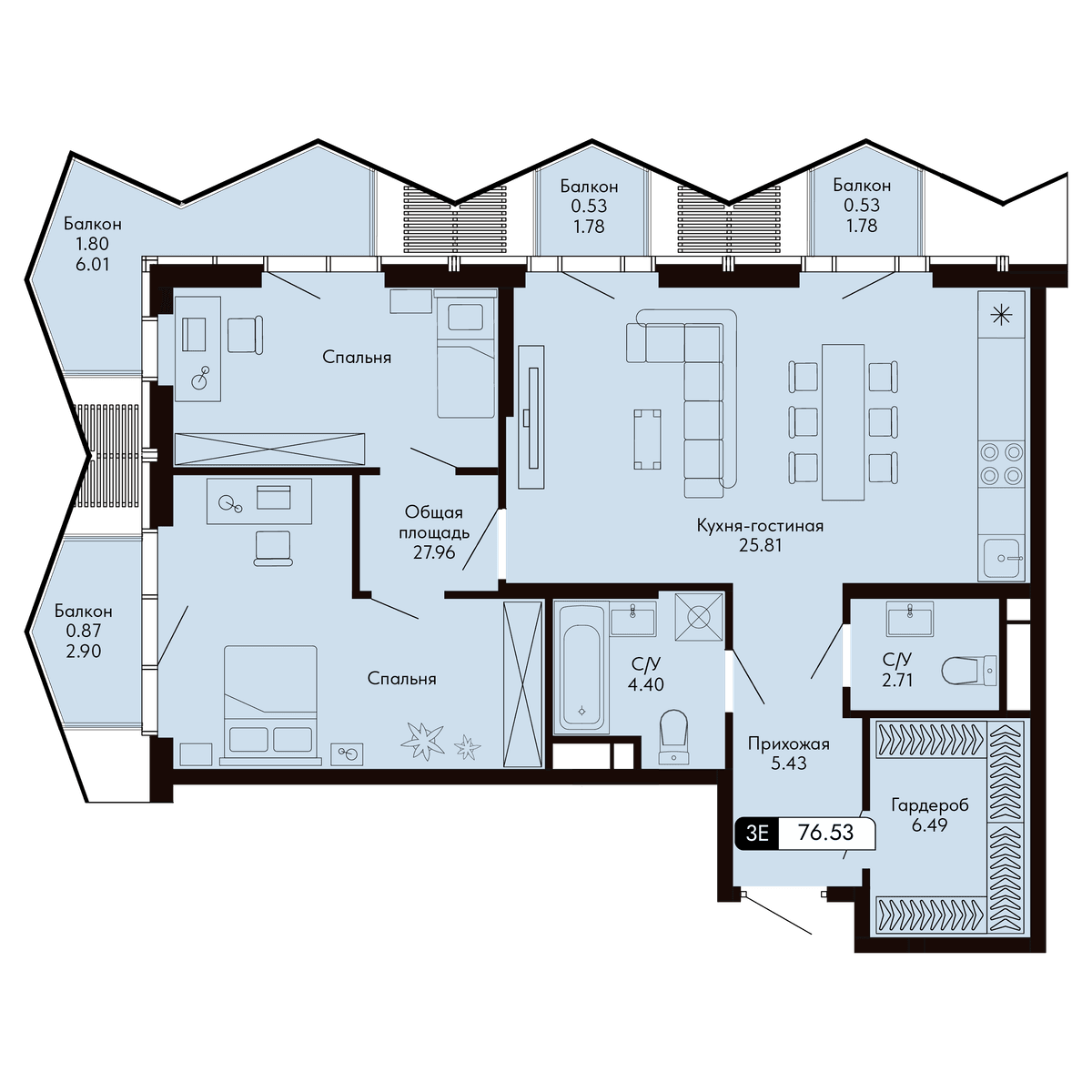 3-к, 76.53 м² · Ялтинская Резиденция