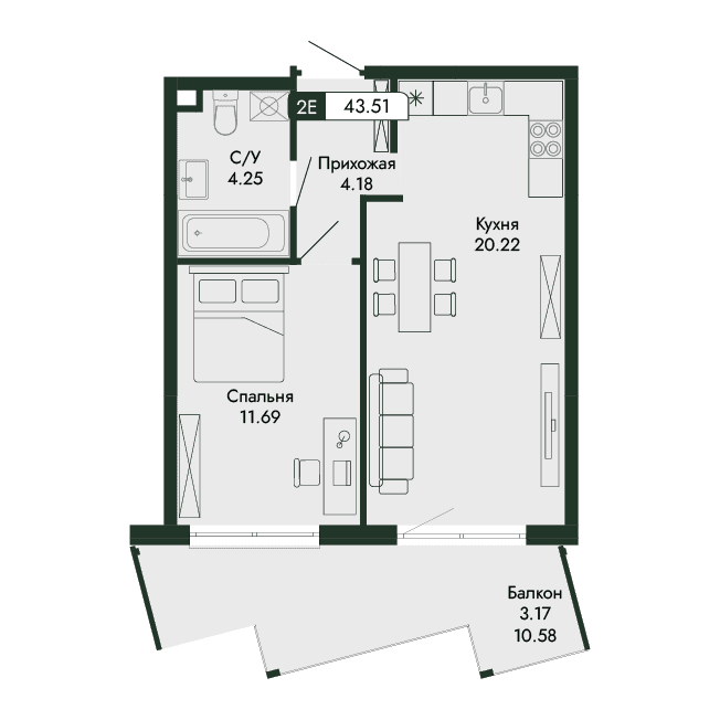 2-к, 43.51 м² · Парковая Резиденция