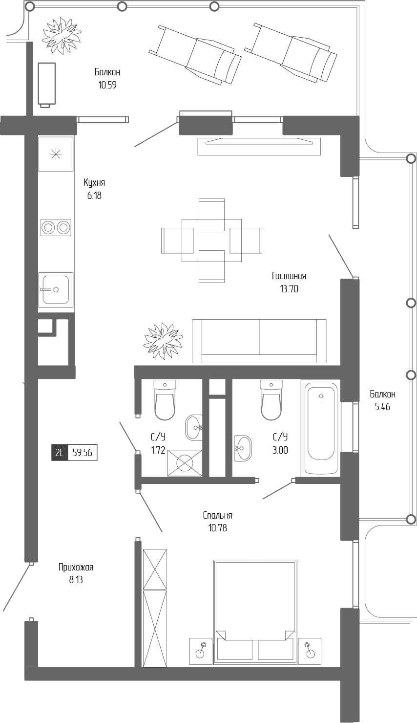 2-к, 59.56 м² · Крымская Резиденция