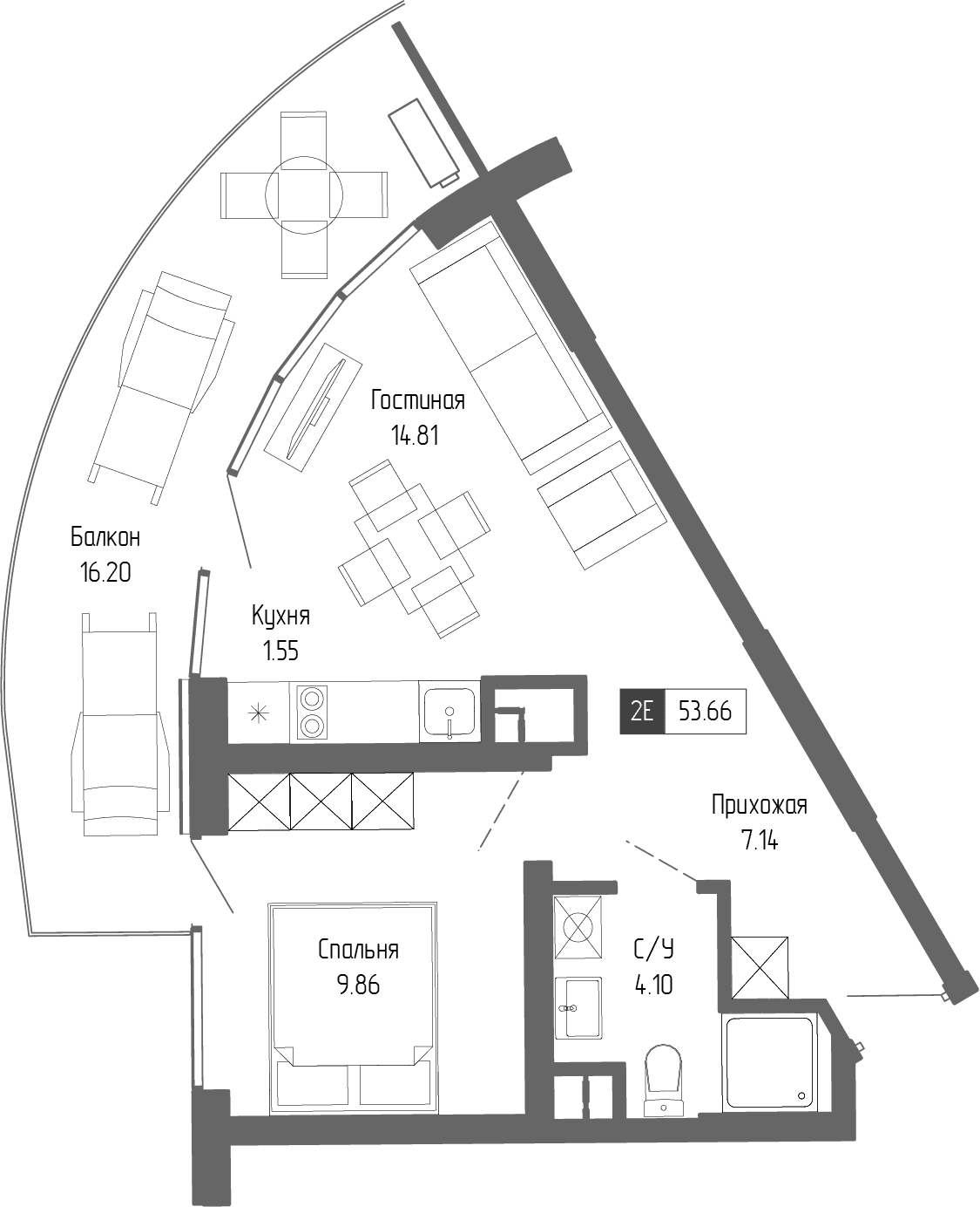 2-к, 53.66 м² · Крымская Резиденция