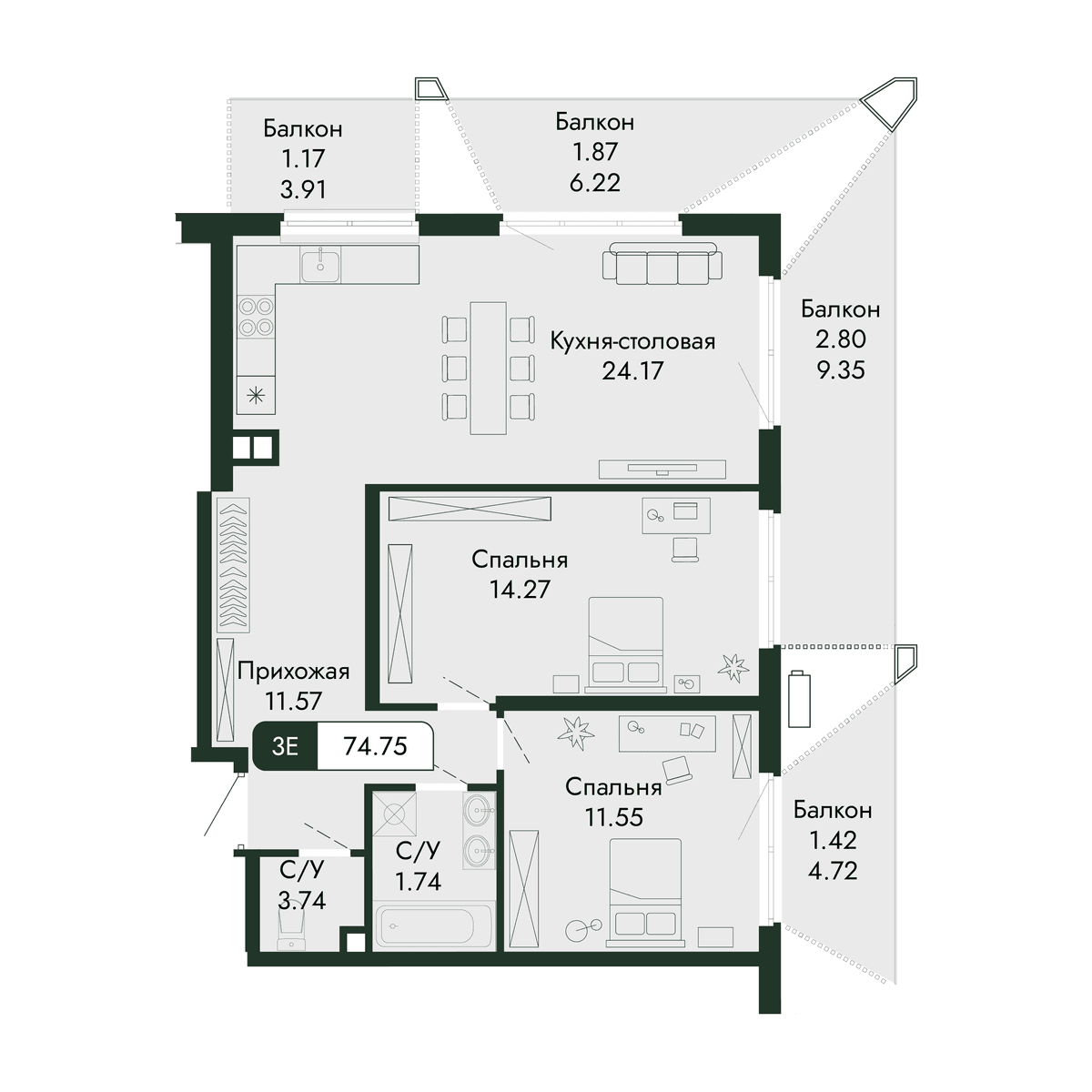 3-к, 74.75 м² · Парковая Резиденция