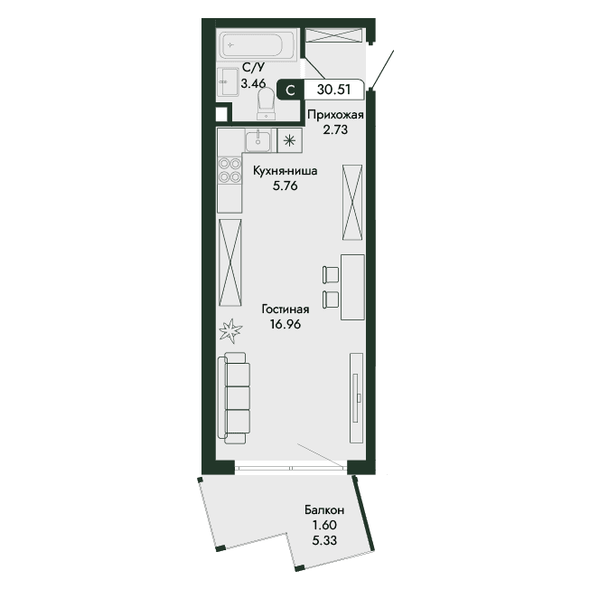 1-к, 30.51 м² · Парковая Резиденция