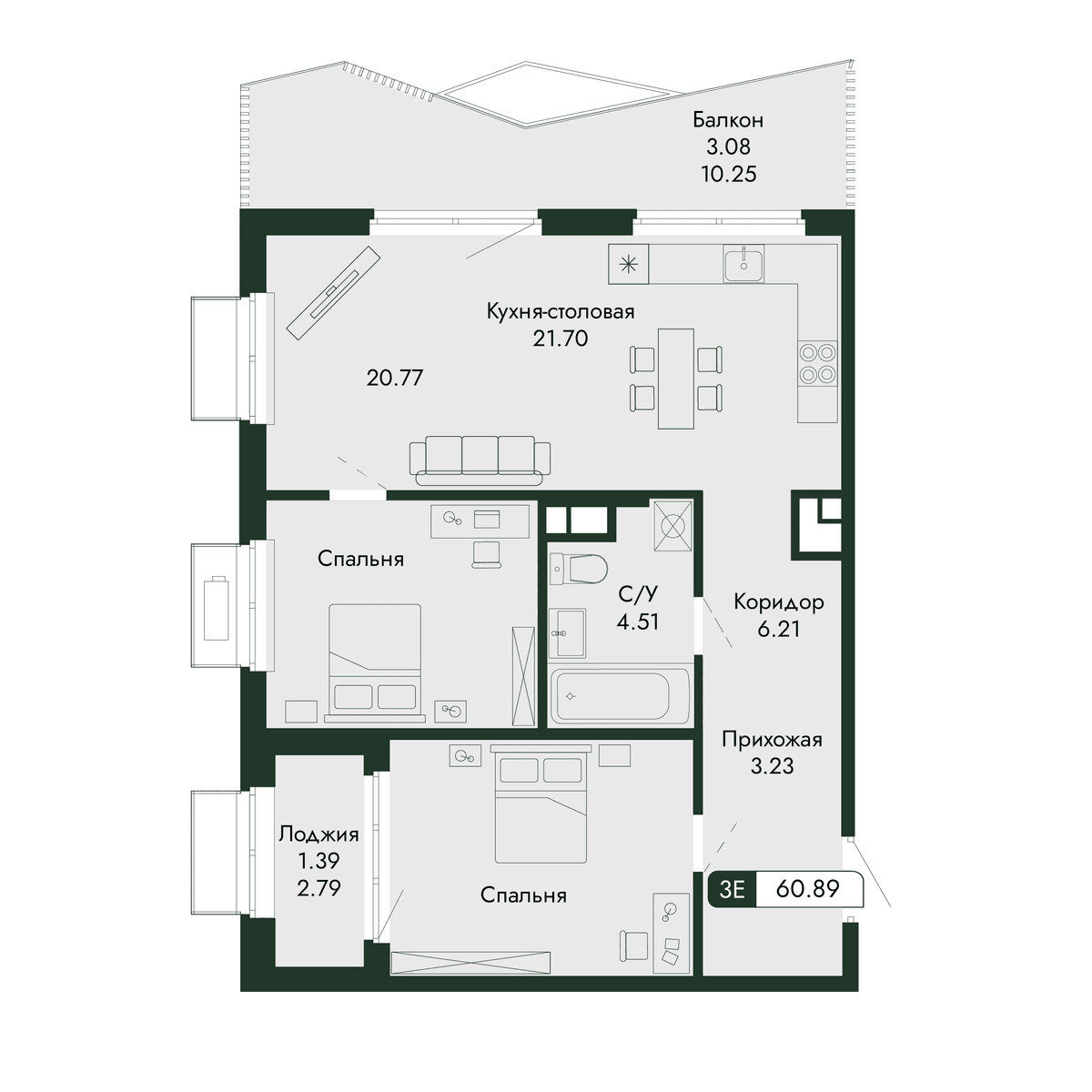 3-к, 60.89 м² · Парковая Резиденция