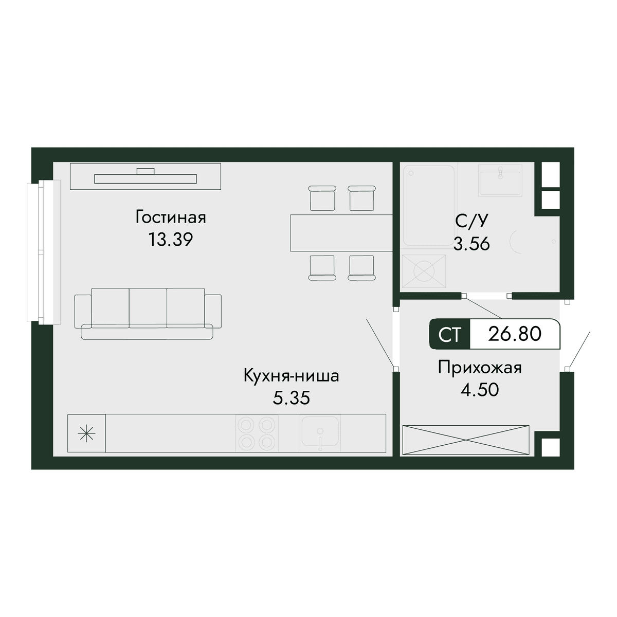 1-к, 26.8 м² · Парковая Резиденция