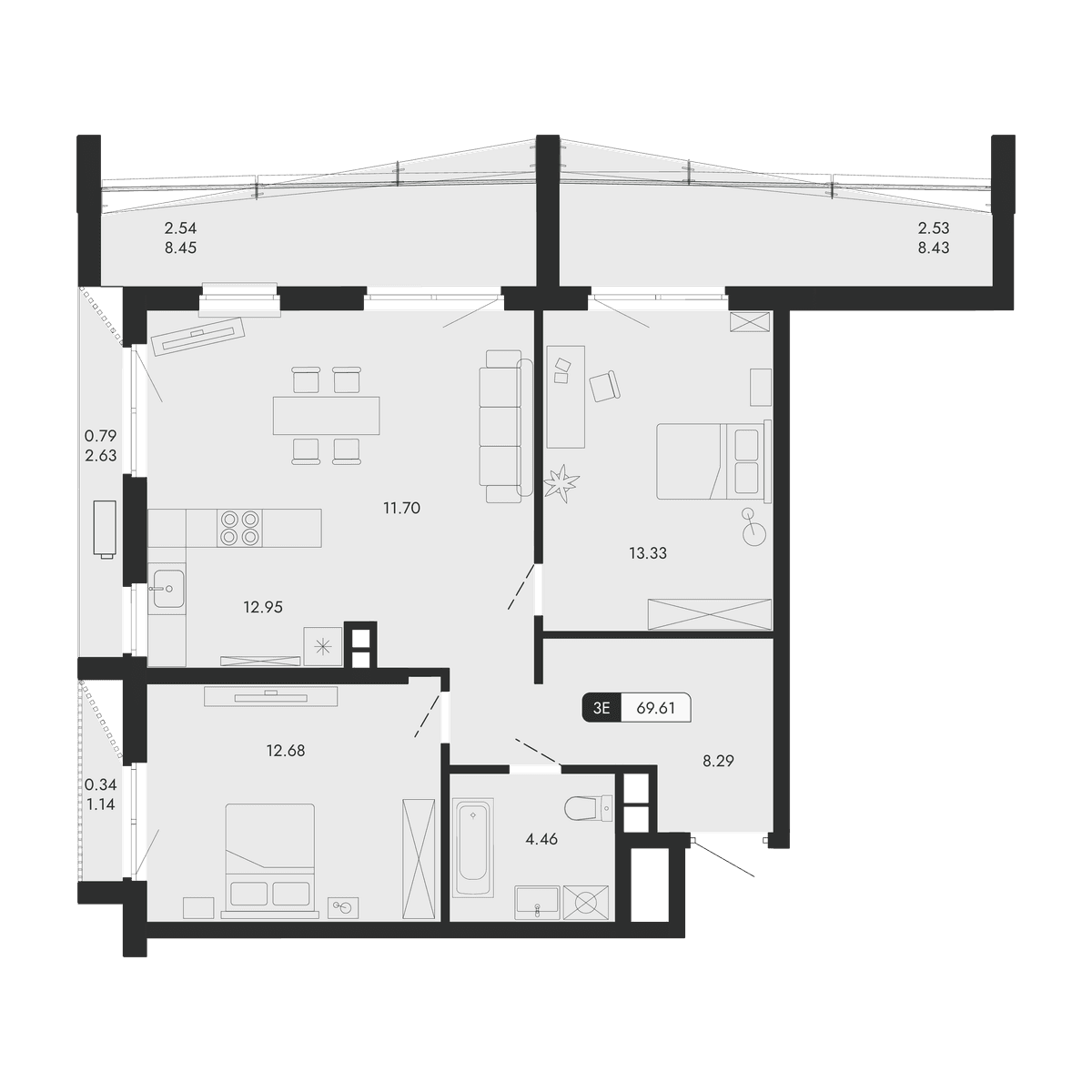 3-к, 69.61 м² · Парковая Резиденция