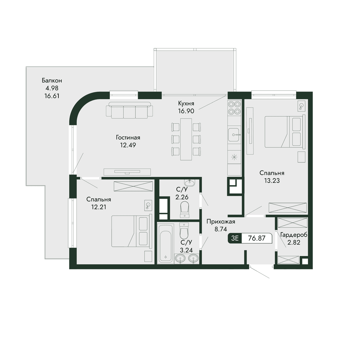 3-к, 76.87 м² · Парковая Резиденция