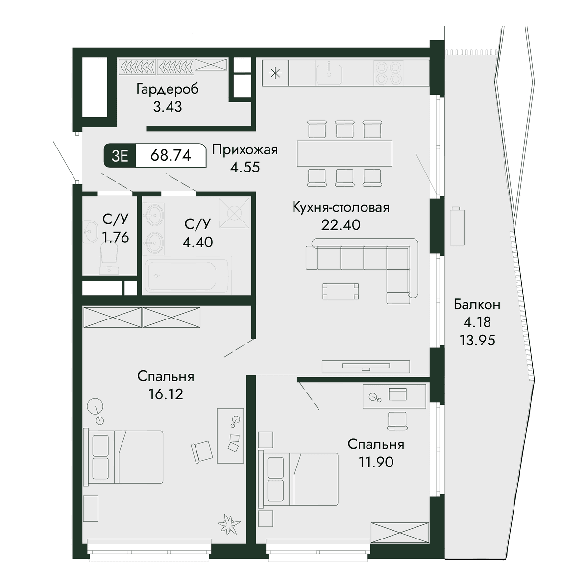 3-к, 68.74 м² · Парковая Резиденция