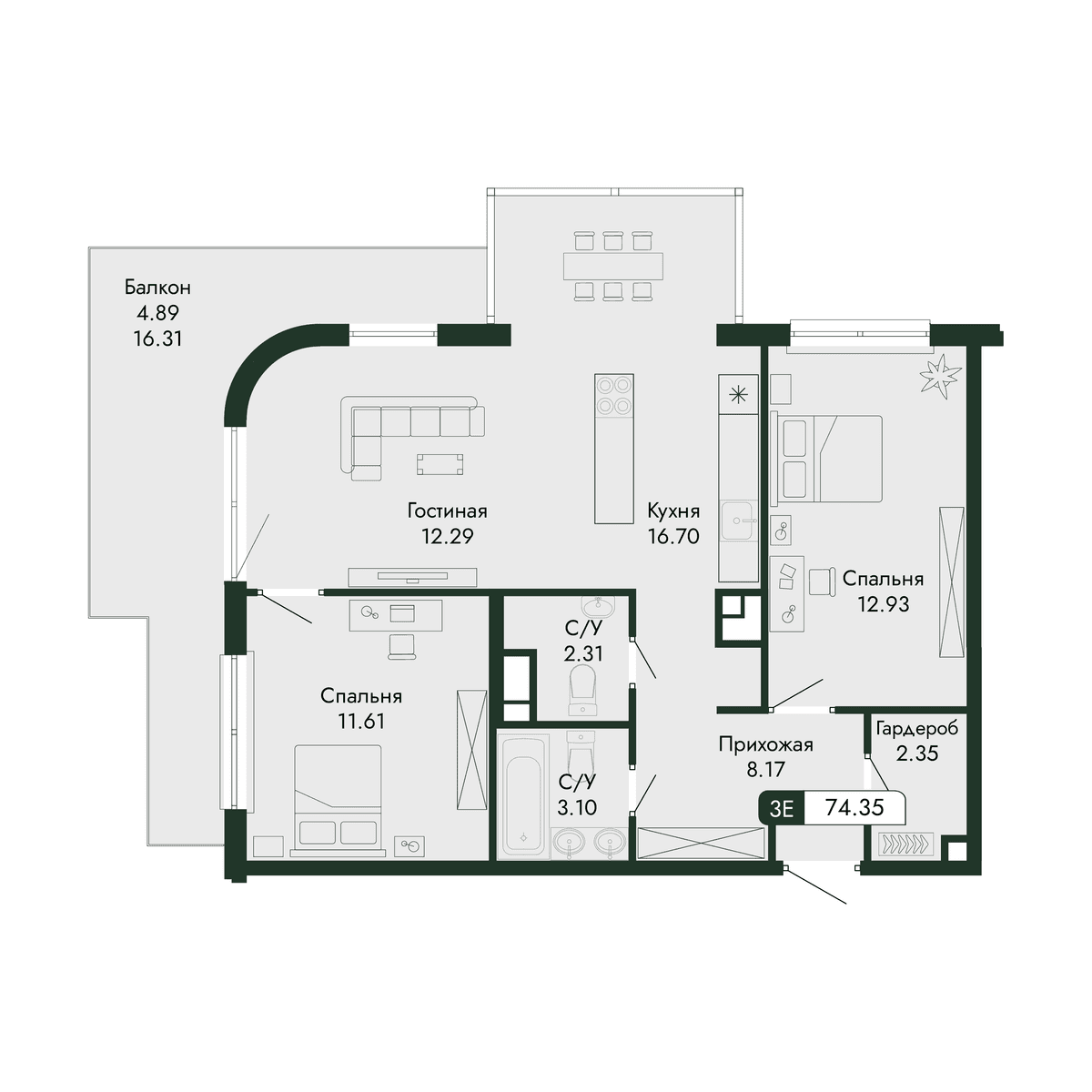 3-к, 74.35 м² · Парковая Резиденция