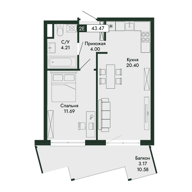 2-к, 43.47 м² · Парковая Резиденция