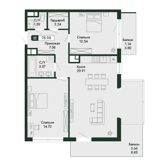 3-к, 75.95 м² · Парковая Резиденция