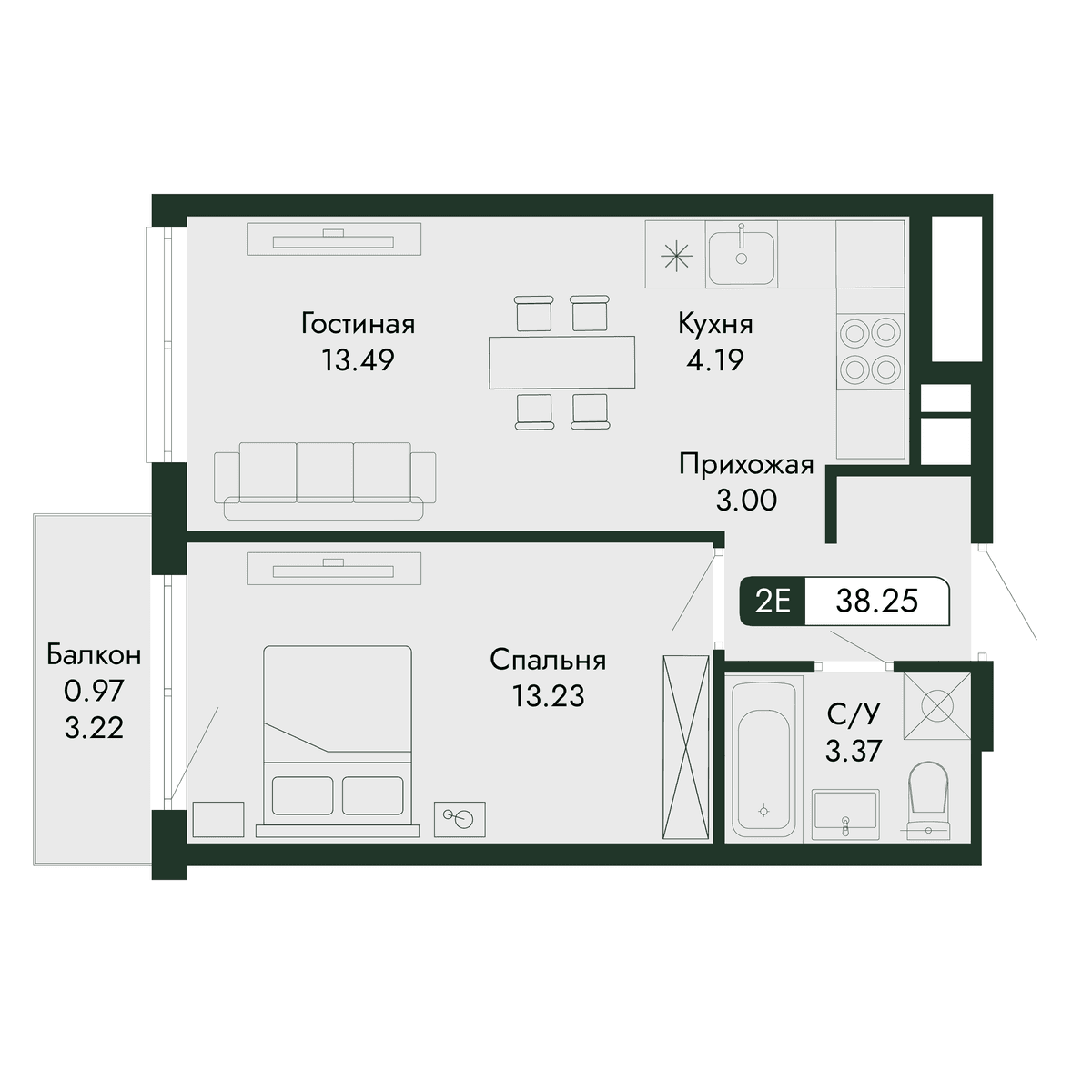 2-к, 38.25 м² · Парковая Резиденция