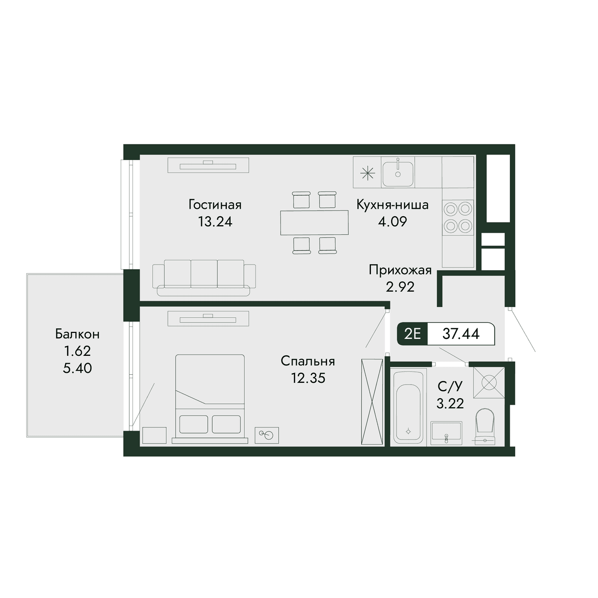 2-к, 37.44 м² · Парковая Резиденция