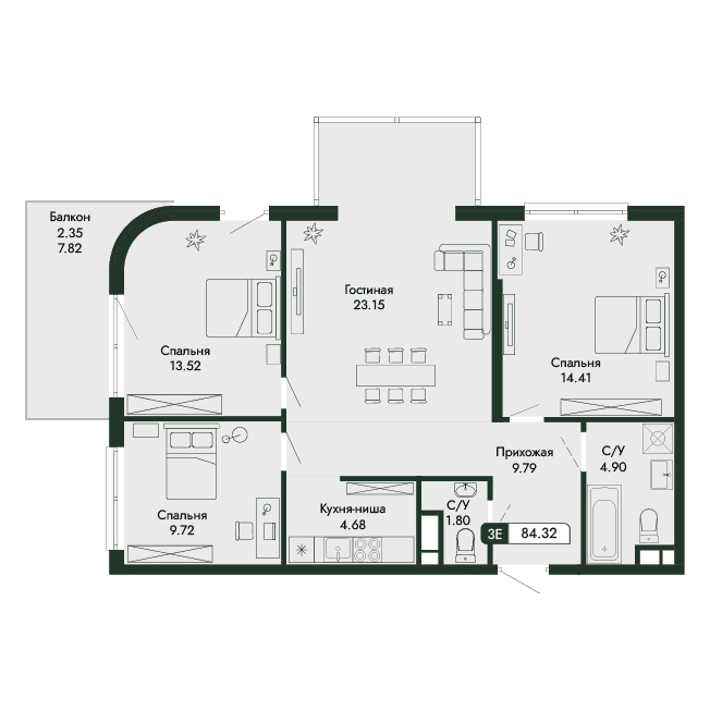 4-к, 84.32 м² · Парковая Резиденция