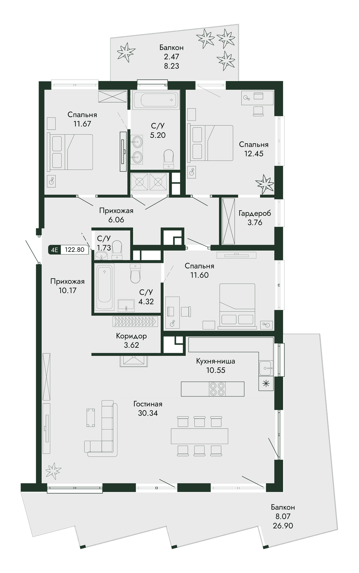 4-к, 122.8 м² · Парковая Резиденция
