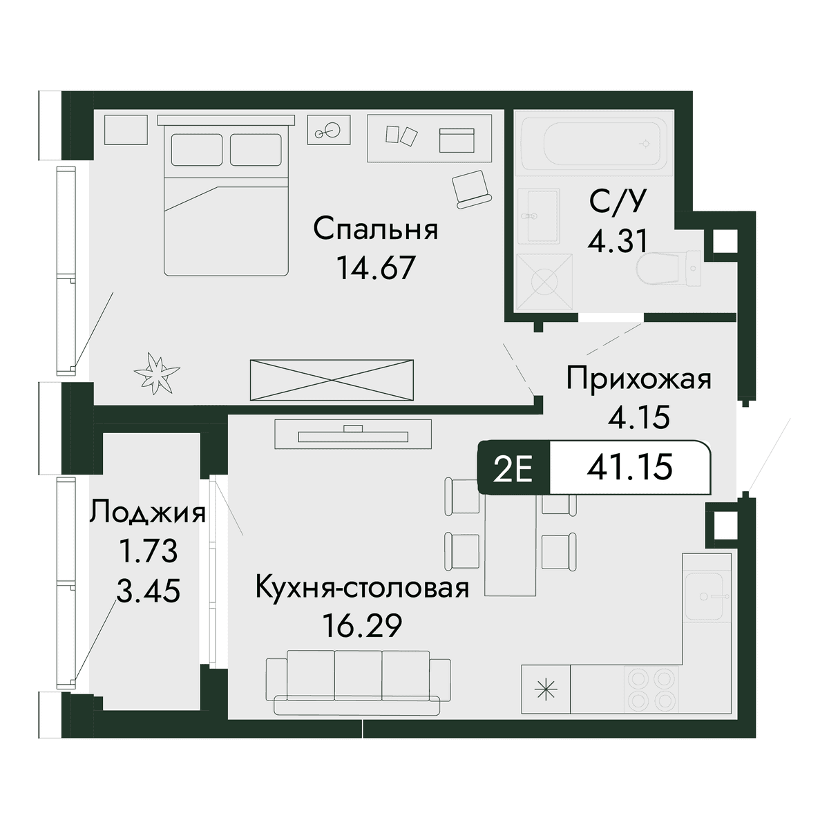 2-к, 41.15 м² · Парковая Резиденция