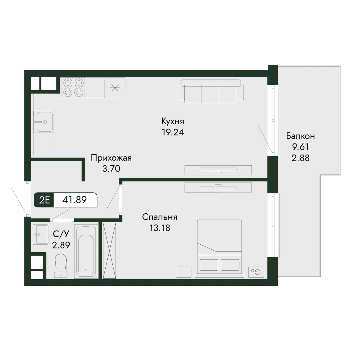 2-к, 41.89 м² · Парковая Резиденция