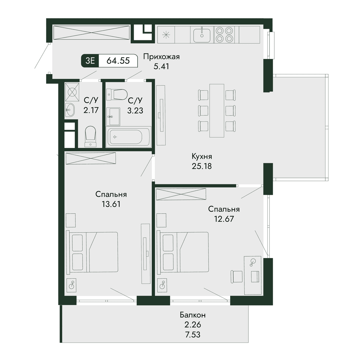 3-к, 64.55 м² · Парковая Резиденция
