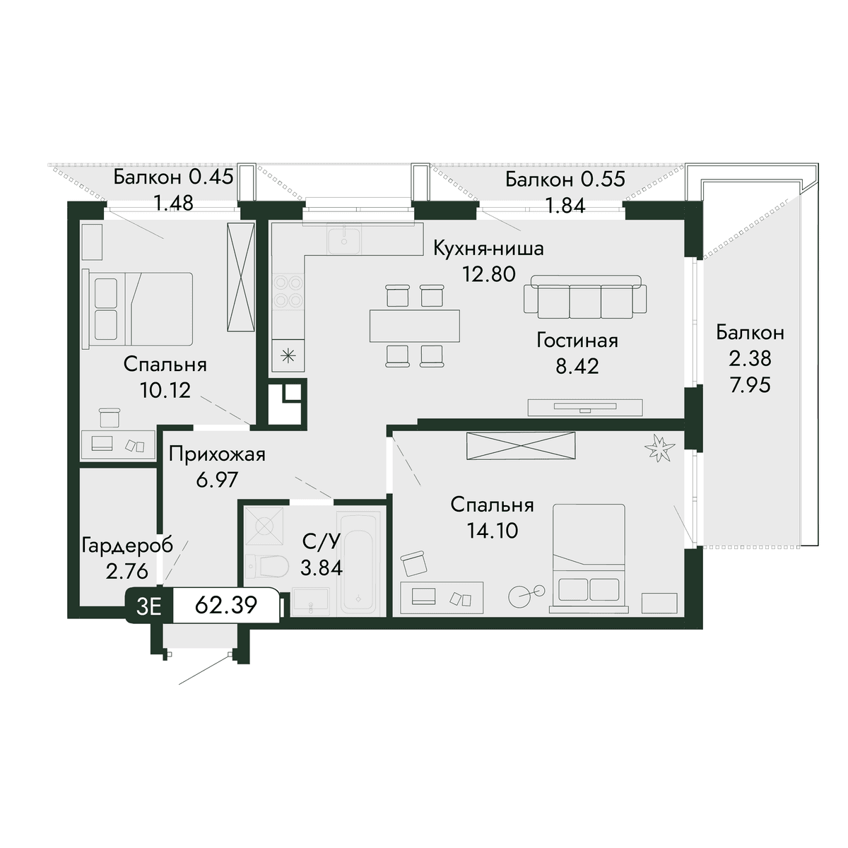 3-к, 62.39 м² · Парковая Резиденция