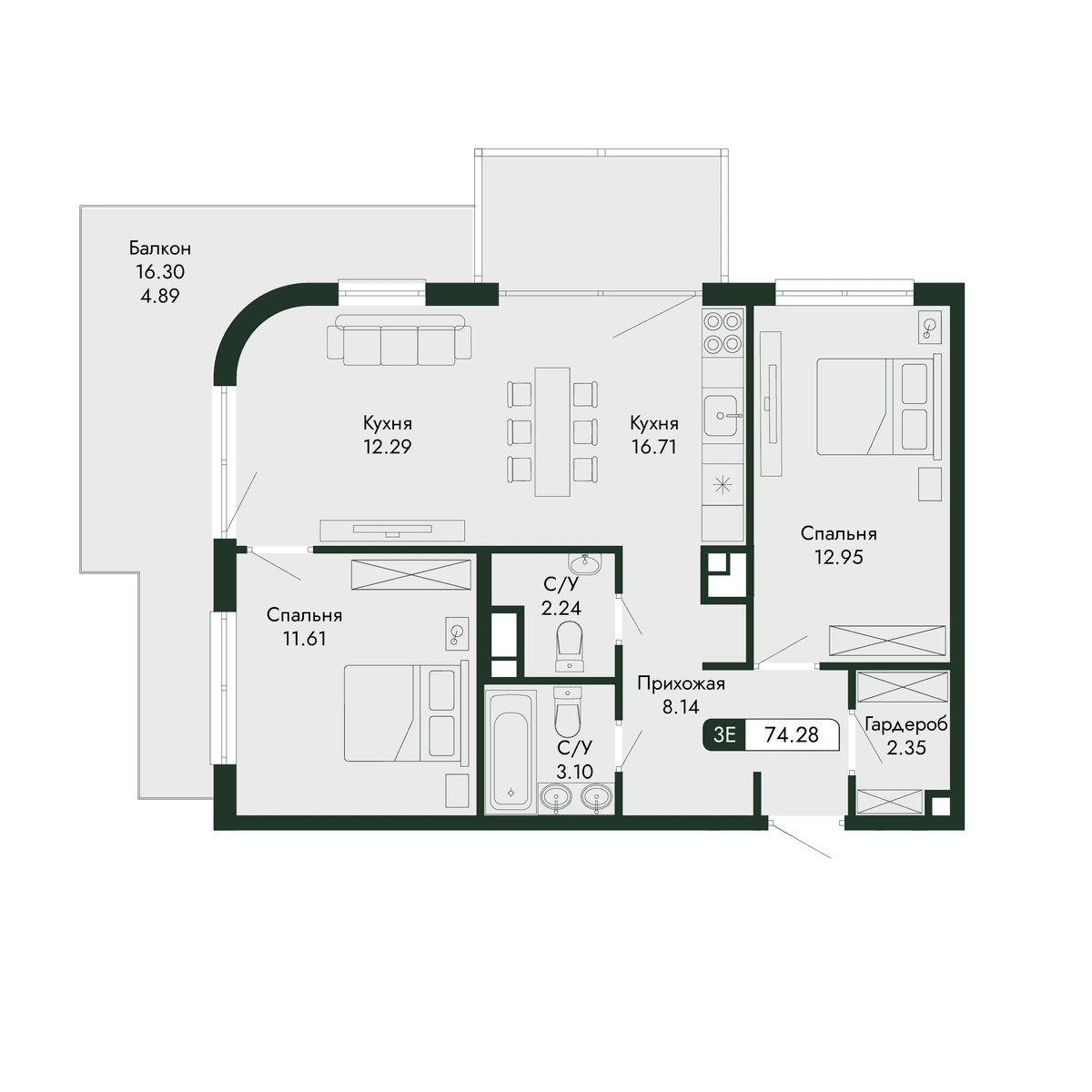 3-к, 74.28 м² · Парковая Резиденция