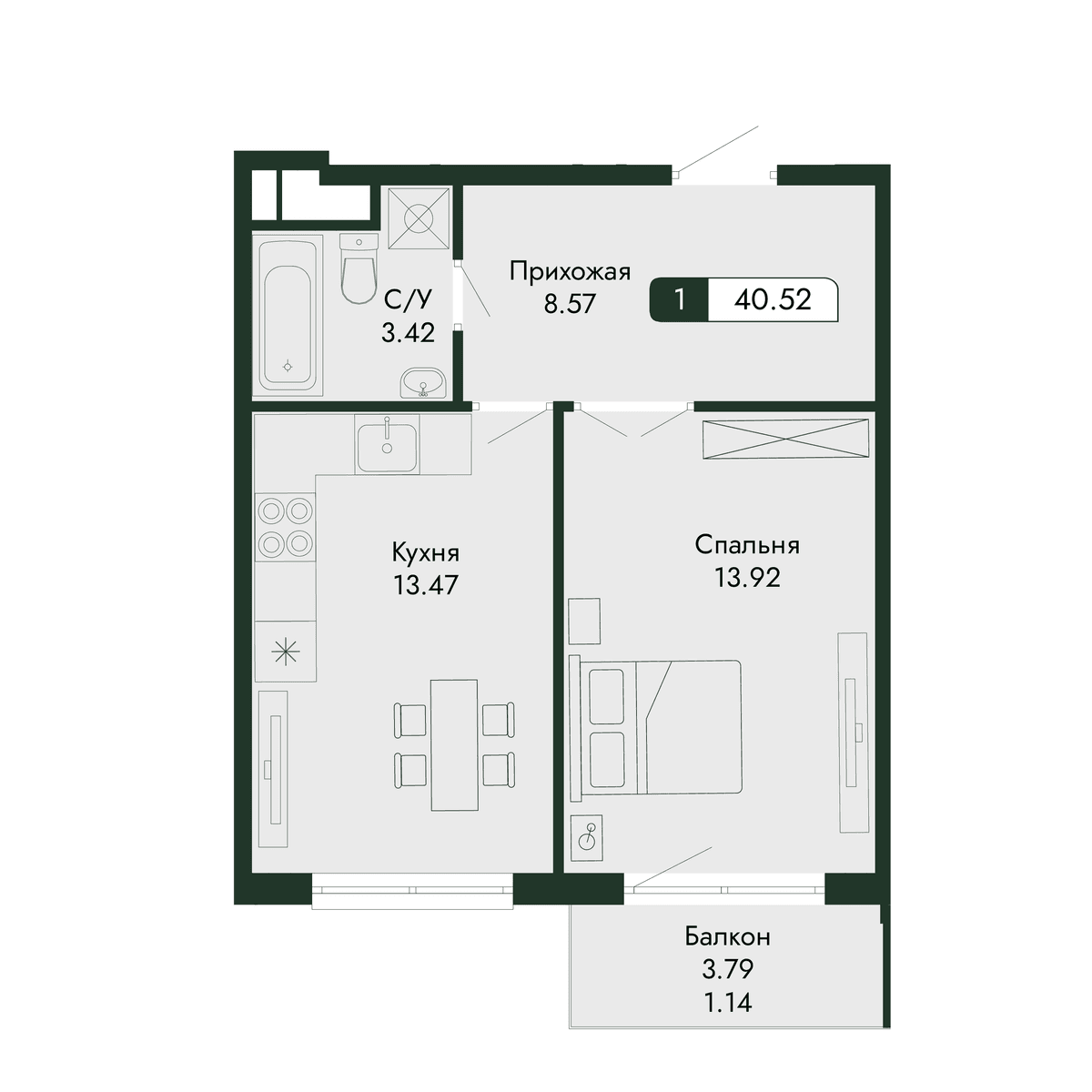 2-к, 40.52 м² · Парковая Резиденция