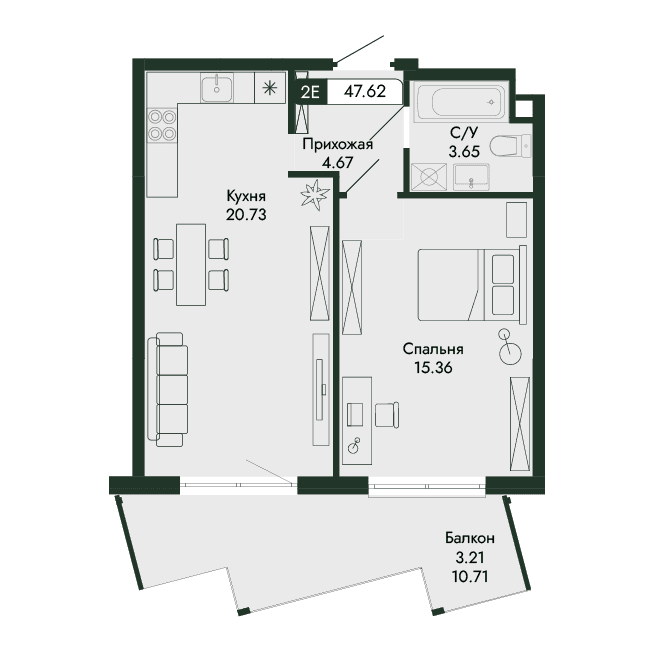 2-к, 47.62 м² · Парковая Резиденция