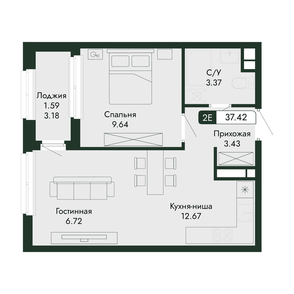 2-к, 37.42 м² · Парковая Резиденция
