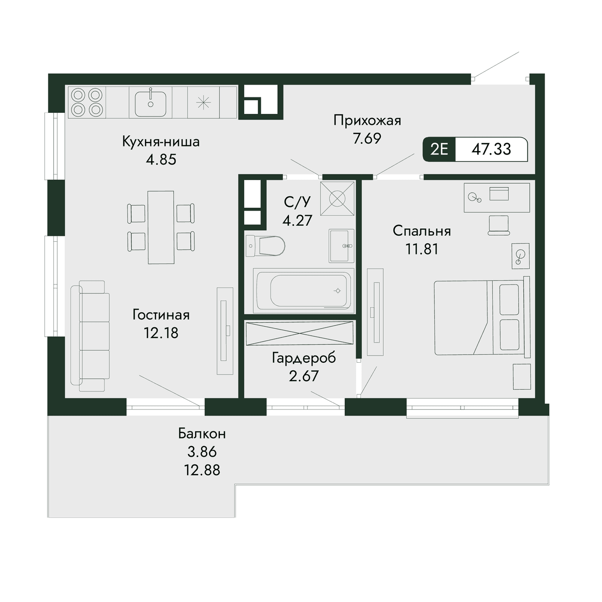 2-к, 47.33 м² · Парковая Резиденция