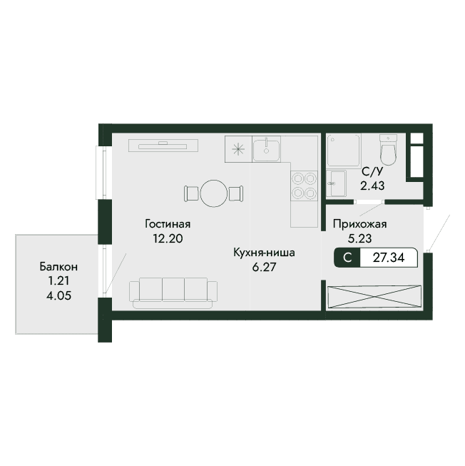1-к, 27.34 м² · Парковая Резиденция