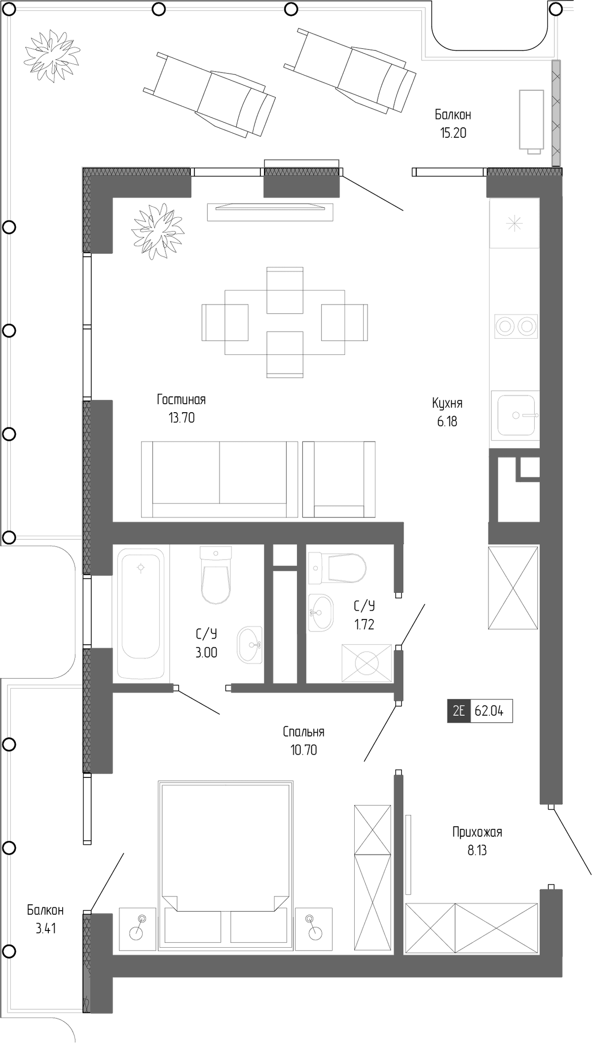 2-к, 62.04 м² · Крымская Резиденция