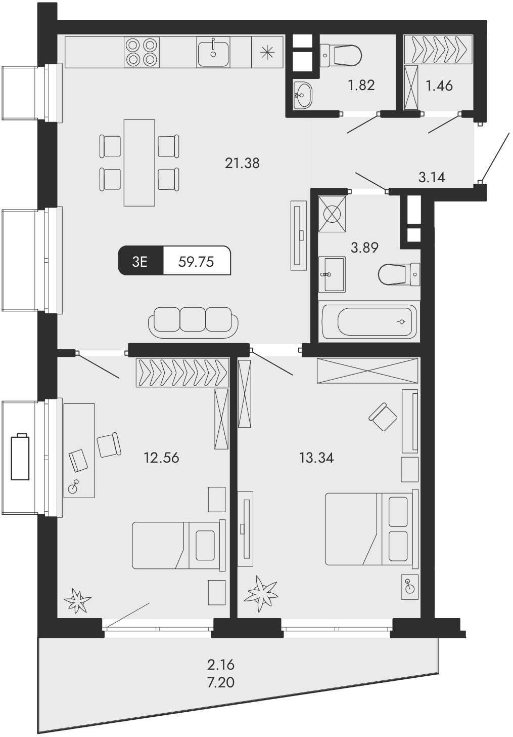 3-к, 59.75 м² · Парковая Резиденция