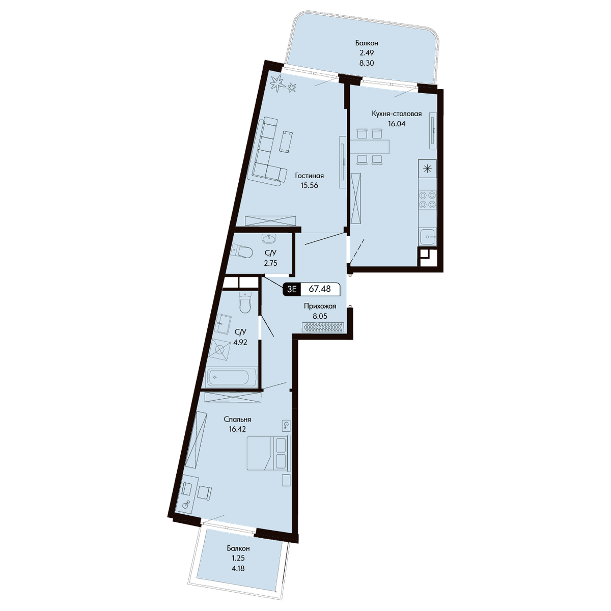 3-к, 67.48 м² · Ялтинская Резиденция