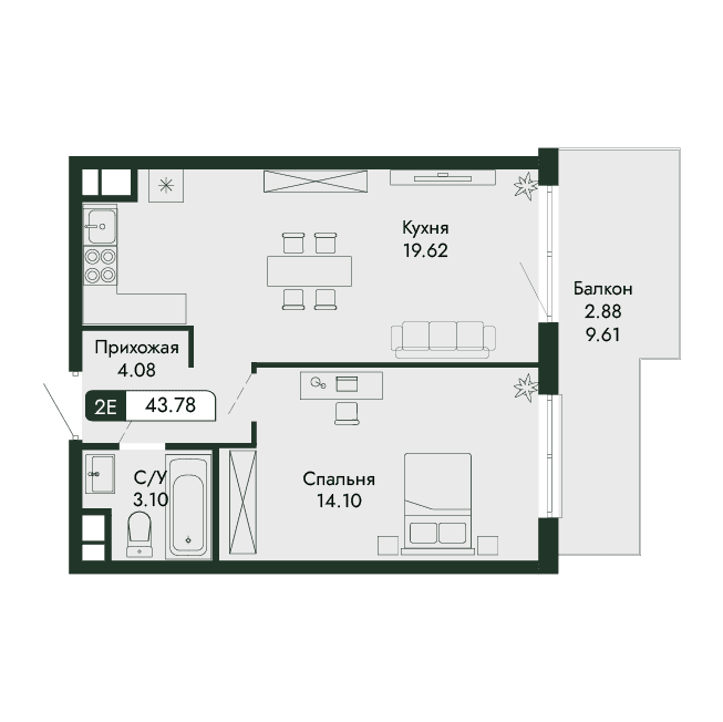 2-к, 43.78 м² · Парковая Резиденция