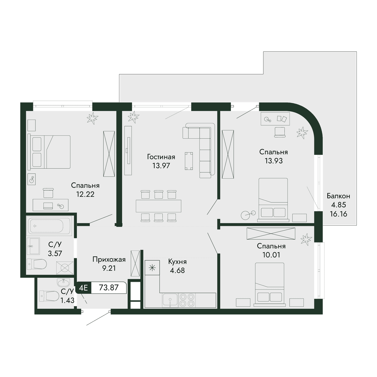 4-к, 73.87 м² · Парковая Резиденция