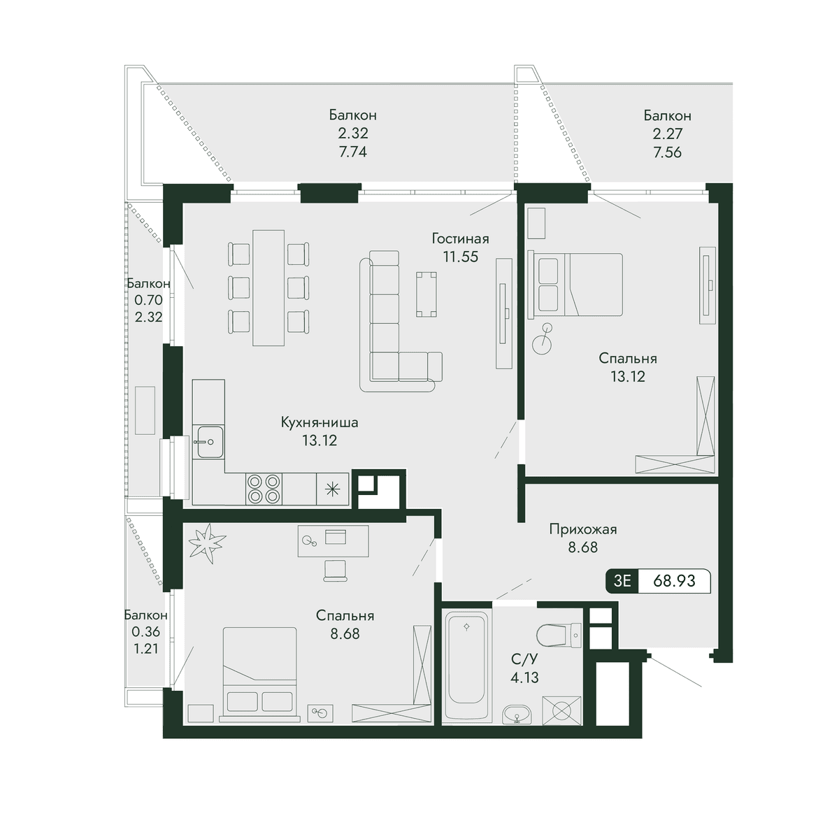 3-к, 68.93 м² · Парковая Резиденция