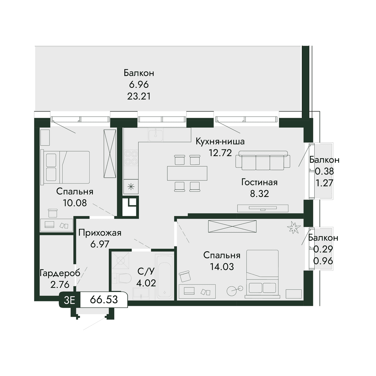 3-к, 66.53 м² · Парковая Резиденция
