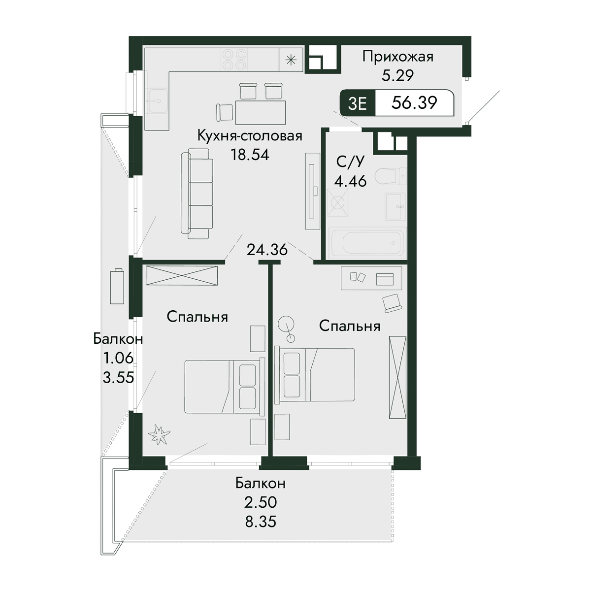 3-к, 56.39 м² · Парковая Резиденция