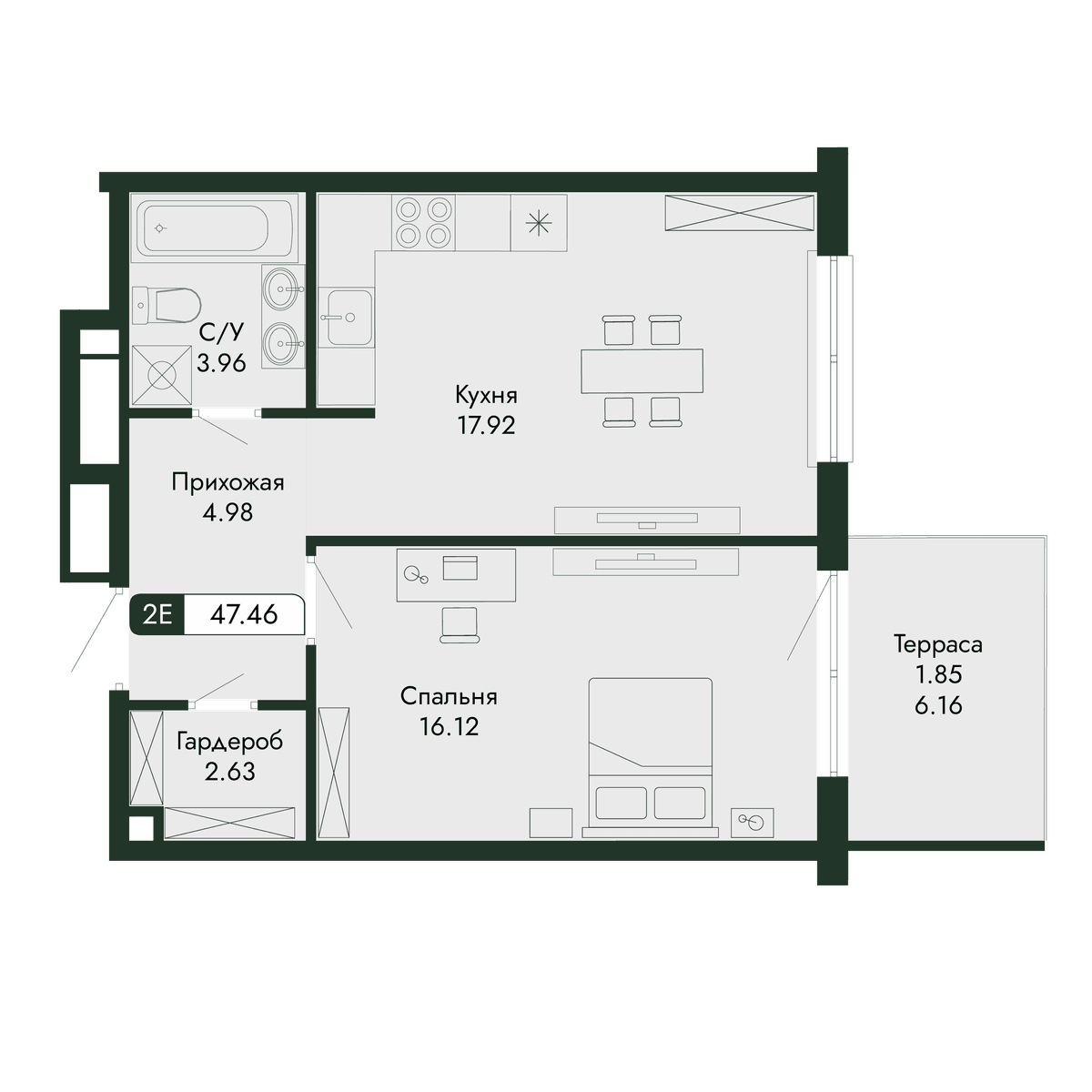 2-к, 47.46 м² · Парковая Резиденция