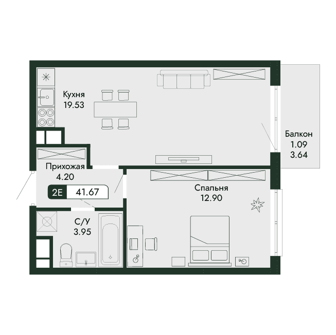 2-к, 41.67 м² · Парковая Резиденция