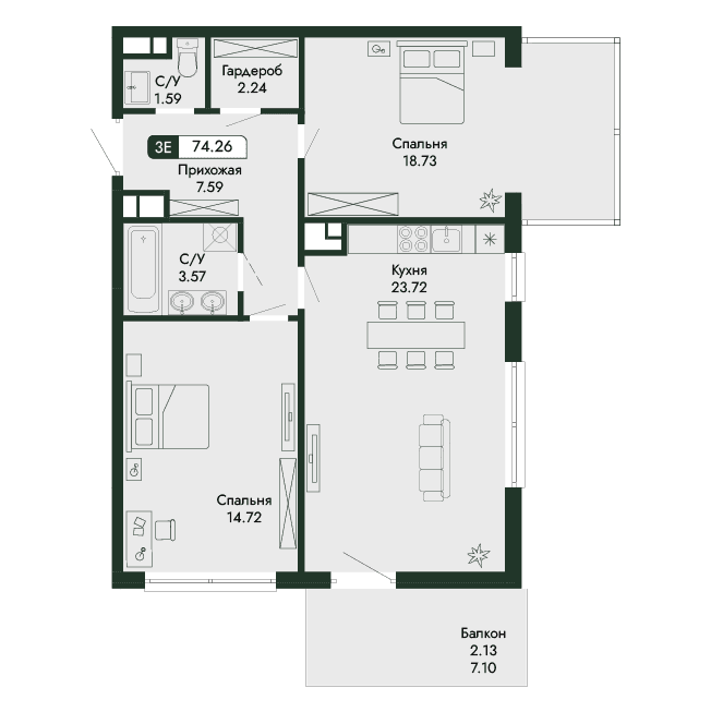 3-к, 74.26 м² · Парковая Резиденция
