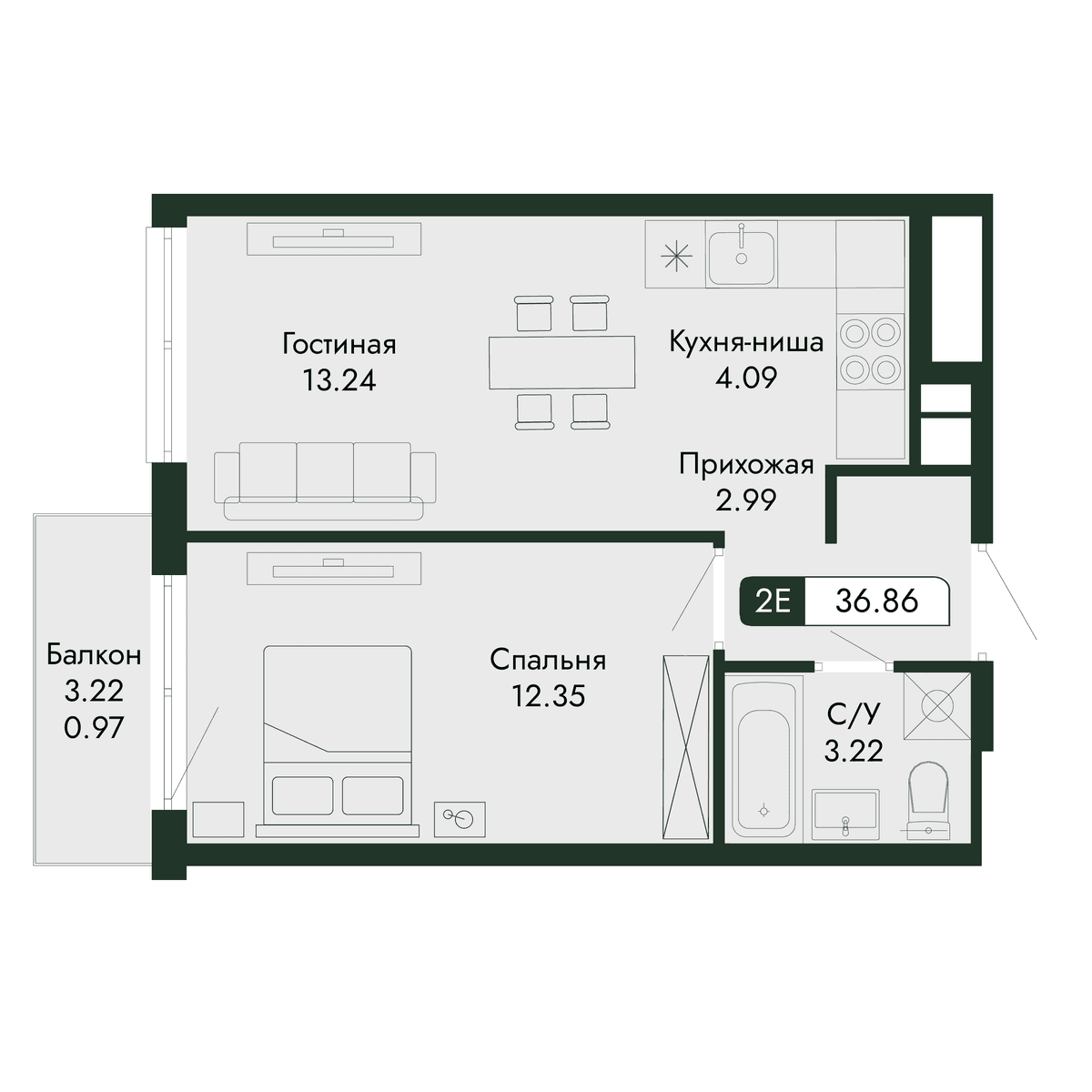 2-к, 36.86 м² · Парковая Резиденция