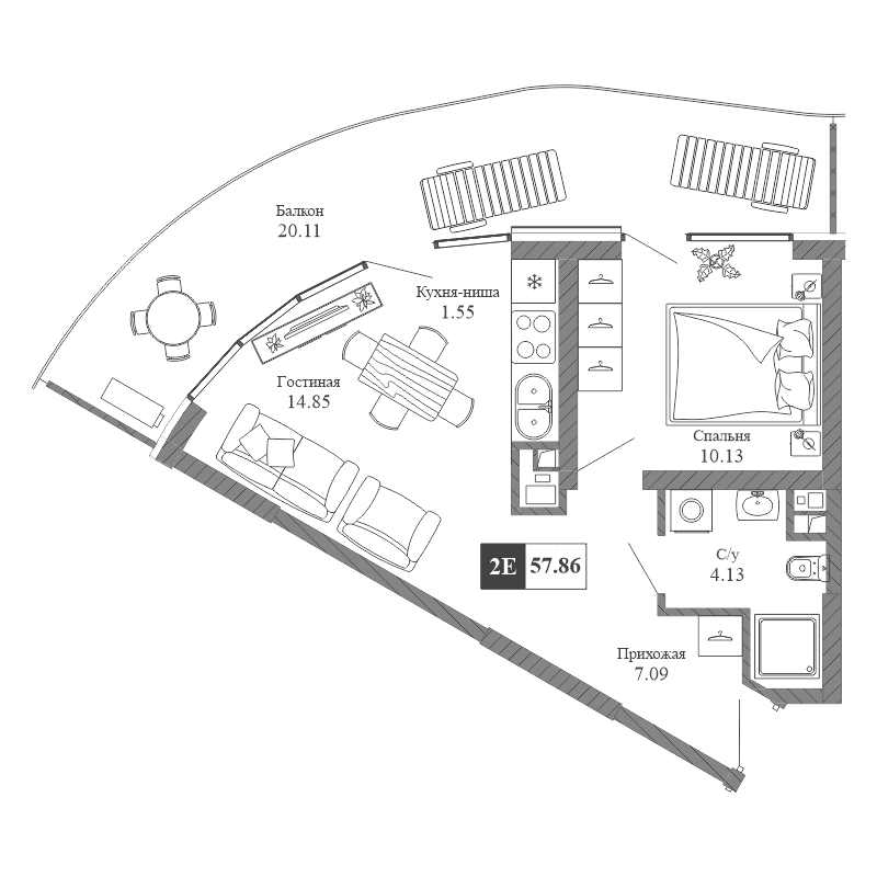 2-к, 57.86 м² · Крымская Резиденция
