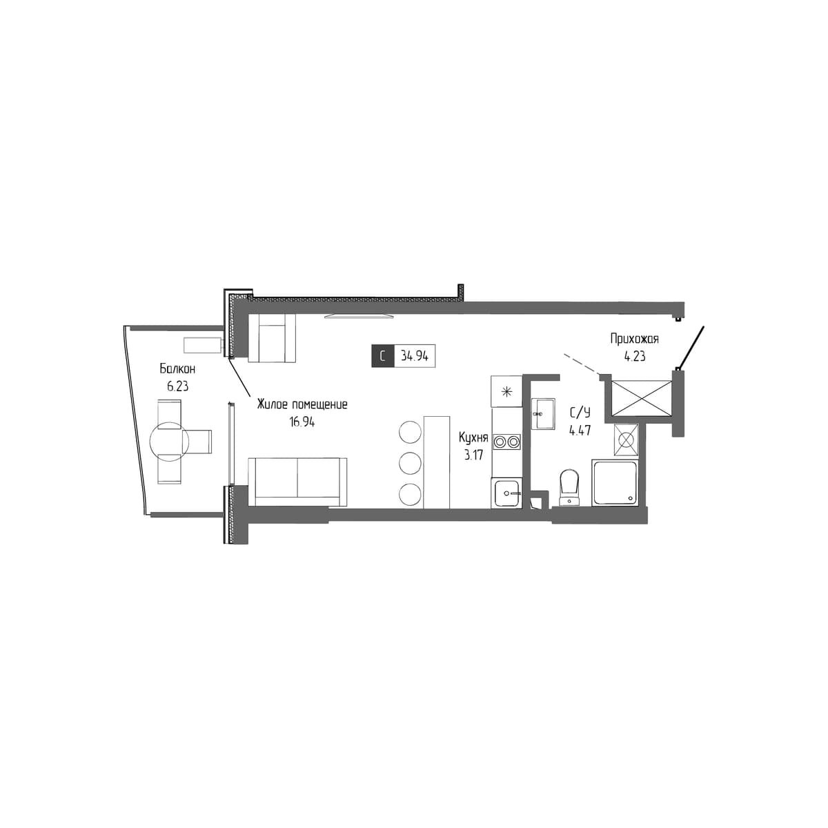 1-к, 34.94 м² · Крымская Резиденция