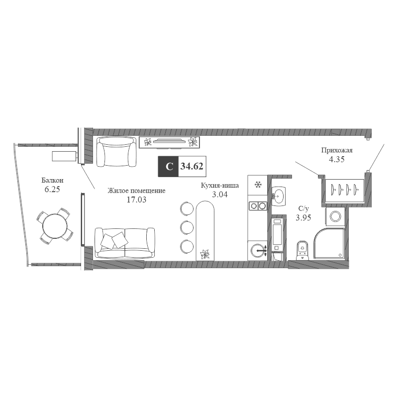 1-к, 34.62 м² · Крымская Резиденция